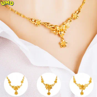 24K women's Flower Necklace Plated 100% Real Gold 24k 999 bride wedding set chain 999 clavicle female Pure 18K Gold Jewelry