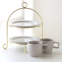 【Just Home】條紋色釉陶瓷午茶5件組-雙層蛋糕盤組附架+咖啡杯(咖啡杯/蛋糕盤/點心盤)