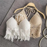 Women Knit Crochet Vest Sexy Hollow Out Tassels Hem Halter Neck Bra Bustier With Pads Korean Versatile Tank Top Summer Beachwear