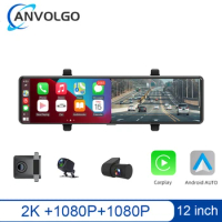 CarPlay AI Voice Control Dash Camera 12" Car Stream Rearview Mirror DVR WIFI BT iPhone Mirror link 3-lens Video Recorder 1080P