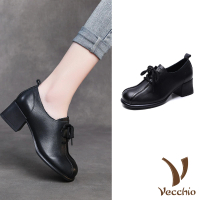 【Vecchio】真皮跟鞋 粗跟跟鞋/全真皮頭層牛皮手工復古車線繫帶粗跟鞋(黑)