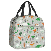 Dinosaur Desert Insulated Lunch Bags for Work School Fun Grey Dino Pattern Waterproof Thermal Cooler Bento Box Women Kids