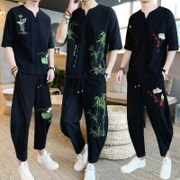 中國風t恤男夏季短袖亞麻套裝寬松胖子潮牌刺繡唐裝漢服棉麻衣服