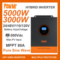 PowMr Single Phase 3000W 5000W 110V/120VAC Output Pure Sine Wave Power Inverter DC 24V 48V with 80A MPPT Solar Charge Controller