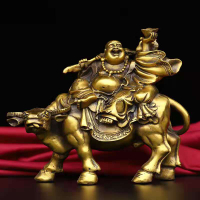 黃銅騎牛元寶彌勒佛招財納福客廳家居裝飾品純銅彌勒笑佛騎牛擺件