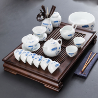 手繪青花瓷功夫茶具套裝家用茶壺整套茶杯蓋碗茶盤竹茶臺簡約套組