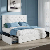 Queen Platform Storage Bed Frame with 4 Drawers &amp; Adjustable Headboard, White
