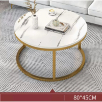 簡約圓桌茶幾（白色大理石紋+金色架）【尺寸：長80cm*寬80cm*高45cm】 