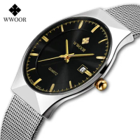 WWOOR Watch For Men Fashion Ultra Thin Silver Mesh Steel Quartz Clock Casual Waterproof Date Wristwatches Relogio Masculino 8016