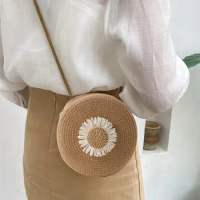 Flower Graphic Circle Straw Bag, Vintage Shoulder Beach Bag, Women's Crossbody Purse Mini Floral Decor Straw Crossbody Bag