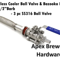 Weldless Cooler Bazooka Kit, 6" Bazooka Screen, 3-Piece SS316 Ball Valve, 1/2" Hose Barb, Brewer Hardware