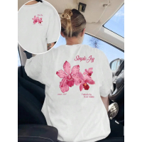 Women's Pink Orchid Print T-Shirt, Short Sleeve, Round Neck Top, Summer Y2K Style T-shirt, Comfortab