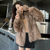Khaki Fur Coat Women 2023 Winter Thick Warm Fluffy Jacket Synthetic Fur Coat Furry Fur Cardigan Winter Outfits for Lady Elegant