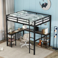 Full Metal Loft Bed with Desk and Shelves, Loft Bed with Ladder and Guardrails, Loft Bed Frame for Bedroom, Black
