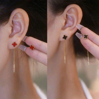Anting-Anting Titanium Wanita Model Bunga Merah & Hitam dengan Tali Panjang Elegan untuk Tampilan St