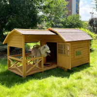 Outdoor Luxury Dog Kennels Solid Wood Courtyard Large Rainproof Sunscreen Dog House Outdoor Villa Dog Cage with Balcony and Door