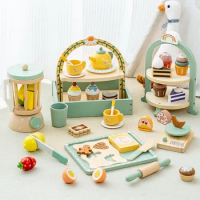 Wooden Kitchen Pretend Play Toy Kids Wooden Toys Coffee Maker Set Cake Ice Cream Tea Playset Toddler Learning Educational Toys