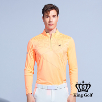 【KING GOLF】男款薄款立領拉鍊線條幾何圖形長袖POLO衫/高爾夫球衫-螢光橘