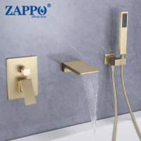 ZAPPO Brushed Gold Bathroom Bathtub Shower Set Waterfall Mixer Tap Wall Mount Solid Brass Shower Systerm w/Handheld Shower Head