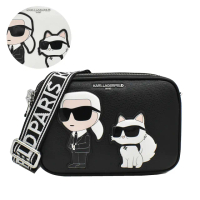 【KARL LAGERFELD 卡爾】卡爾老佛爺人像貓咪雙拉鍊相機包斜背包