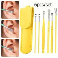 Set Alat Pembersih Telinga 6pcs Set Portable Stainless Steel Ear pick Ear Scoop Ear Cleaning Tool Al