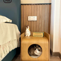 HomeAire Cat Tree House Pet Luxury Furniture Bed Wooden Bedside Cupboard Table Seat Supplies Accessories