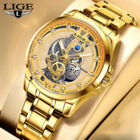 2023 LIGE Men Watch Skeleton Automatic Quartz Watch Gold Skeleton Vintage Man Watch Mens Watches Top Brand Luxury часы мужские