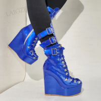 ZHIMA Women Calf Boots Platform Wedges Round Toe Side Zip Up Shiny Booties Comfortable Unisex Shoes Woman Big Size 41 46 48 52