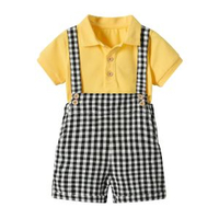 內地直送 - 帥氣男童套裝夏季新款小童短袖Polo衫T恤格子背帶短褲兩件套#1365