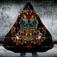 Ancient Skull Mexican Aztec Tattoo Mexico Thick Warm Hooded Cloak Men Overcoat Coat Windproof Fleece Cape Robe Hooded Blanket-7