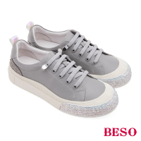 A.S.O 阿瘦集團 BESO 柔軟牛皮綁帶直套閃亮燙鑽休閒鞋(灰色)