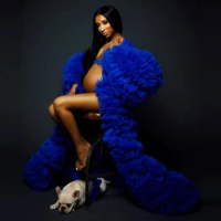 Royal Blue Puffy Tulle Pregnancy Robes Extra Fluffy Ruffles Custom Made Plus Size Maternity Gowns For Photo Shoot