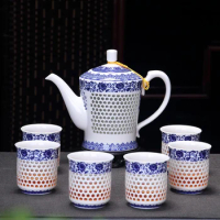 porcelain tea pot + 4 tea cups hollow-out cellular design Chinese kungfu tea set big pots China ceramic brewer coffee cups