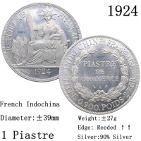 French Indochina 1924 Barre 1 One Piastre 90% Silver Third France Republic Copy Coin Collection Commemorative