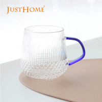 【Just Home】菱格紋線條耐熱玻璃馬克杯420ml 深邃藍(杯 玻璃杯 耐熱玻璃)