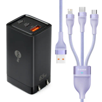 【MyStyle】65W GaN氮化鎵極速充電器-黑+倍思 100W USB TO TYPE-C/Lightning/Micro快速充電線-紫(1A2C)