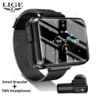 LIGE Men Women Smart Watches TWS Earphone 2 in 1 Heart Rate Blood Pressure Full Touch Bluetooth Call Smart Watch For Android IOS