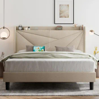 Queen Size Bed Frame with Type-C &amp; USB Ports, Upholstered Platform Bed Frame with Wingback Storage Headboard, Solid Wood