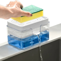 Kitchen Sink Drain Soap Dispenser Dishwashing Soap Press Soap Box with Sponge Kitchen Detergent Container