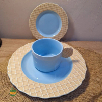 Cerahome Cup suacer dan Piring Saji Keramik Waffle Biru