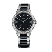 【ORIENT 東方錶】DRESS系列 時尚晶鑽羅馬數字石英錶 陶瓷鋼帶款 黑色 - 34mm(FQC11003B)