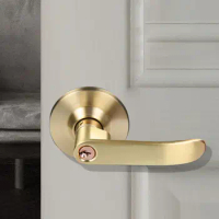Satin Brass Finish Door Lock Lever Straight Lever with Round Trim Hardware Lockset Interior Reversible Easy To Install