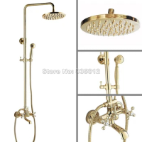 Bathroom Wall Mounted Gold Color Brass 8" Round Shower Head + Handheld Shower / Rain Shower Faucet Set Bathtub Mixer Tap Wgf342