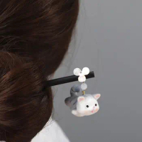 Tassel Wooden Hair Stick Cute Chinese Style Hair Sticks for Buns Hanfu Hairpin Hanfu Headwear Cat Cheongsam Accessories