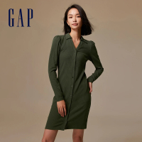 【GAP】女裝 修身翻領長袖洋裝-軍綠色(792858)