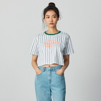Lee 女款 寬鬆版 直條紋 Lee Jeans 文字 短版 短袖T恤 | Modern