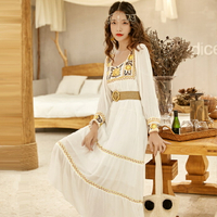 女神范波西米亞刺繡法式連衣裙浪漫白色方領大裙擺度假民族長裙