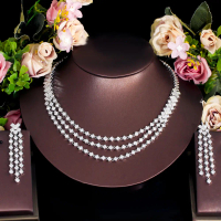 Set Barang Kemas Pengantin Perkahwinan, CWWZircons, Kalung dan Anting-Anting Rumbai Titisan Air Zirk