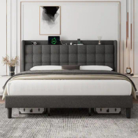 King Size Bed Frame with Charging Station, Upholstered Platform Bed Frame with Wingback Storage Headboard, No Box Spring Needed