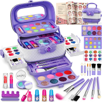 Hollyhi 58 Pcs Kids Makeup Kit for Girl Princess Toys Real Washable Cosmetic Set with Mirror Kids Ma